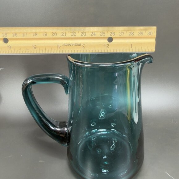 Mid Century Teal Green Art Glass Pitcher Jug Carafe Hand Blown Glassware Vintage - Picture 3 of 11